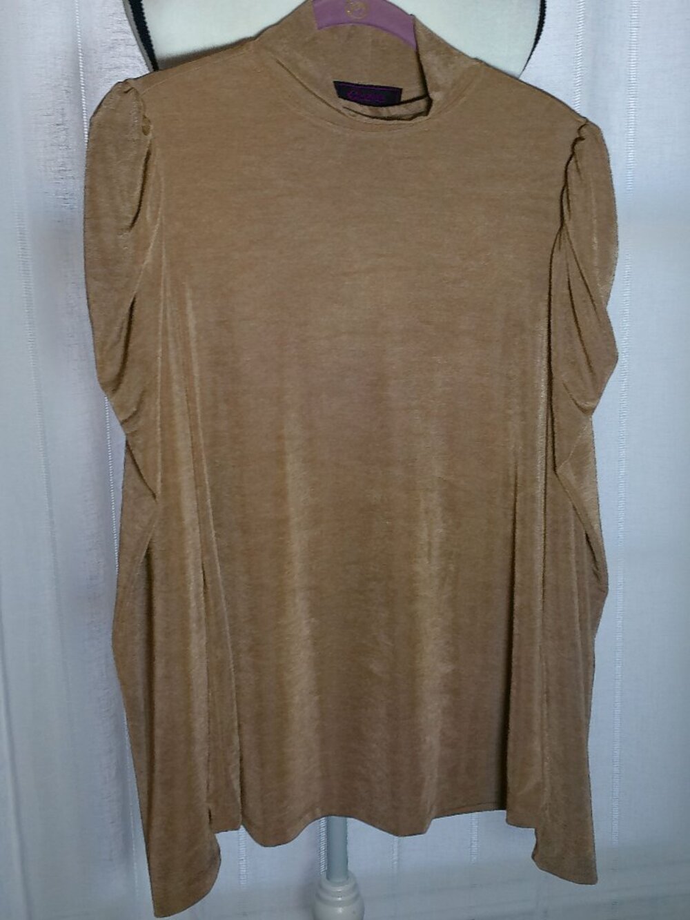 C WONDER by Christian Siriano Blouse Mock Neck Long Puffy Slves Shiny Tan NWOT L